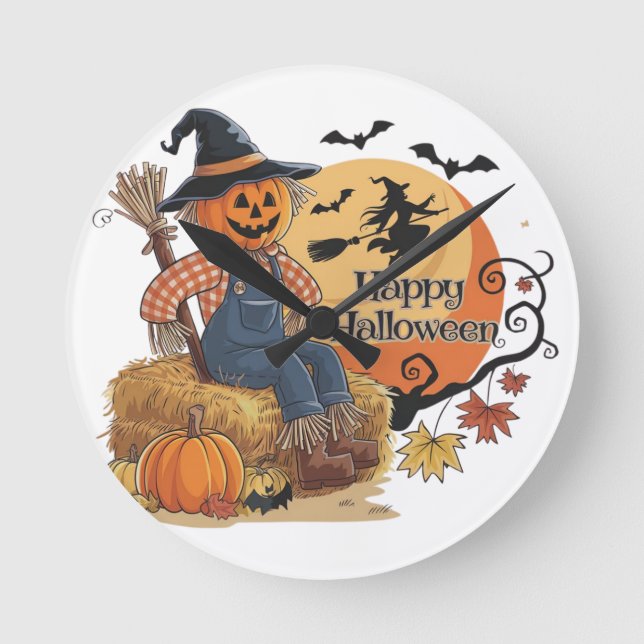 Relógio Redondo Escarneiro Pumpkin Halloween Rustic Vibs Art (Frente)