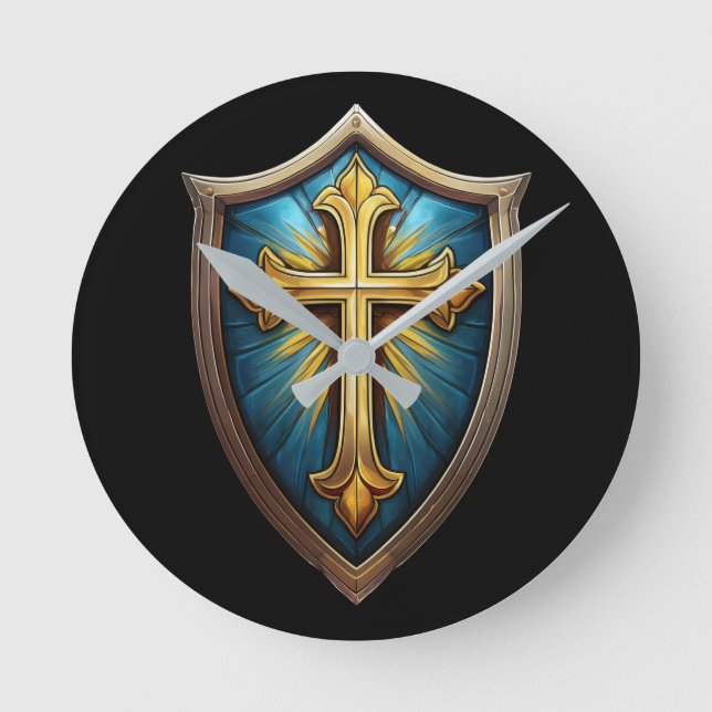 Relógio Redondo Escudo de Fé Cristão Crente (Frente)