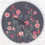 Relógio Redondo Escuro Floral<br><div class="desc">Arte botânica moderna. Bonito pintura floral cor-de-rosa e solta sobre fundo de cinza escura. Arte original de Nic Squirrell.</div>