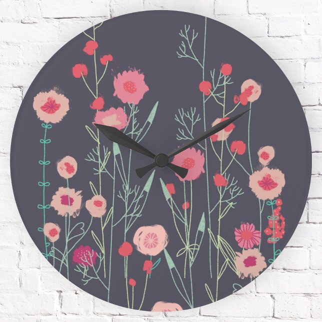 Relógio Redondo Escuro Floral (Floral dark pink and charcoal gray art clock)
