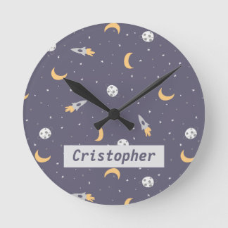 Relógio Redondo Espaço Lua Foguete Planeta Estrelas