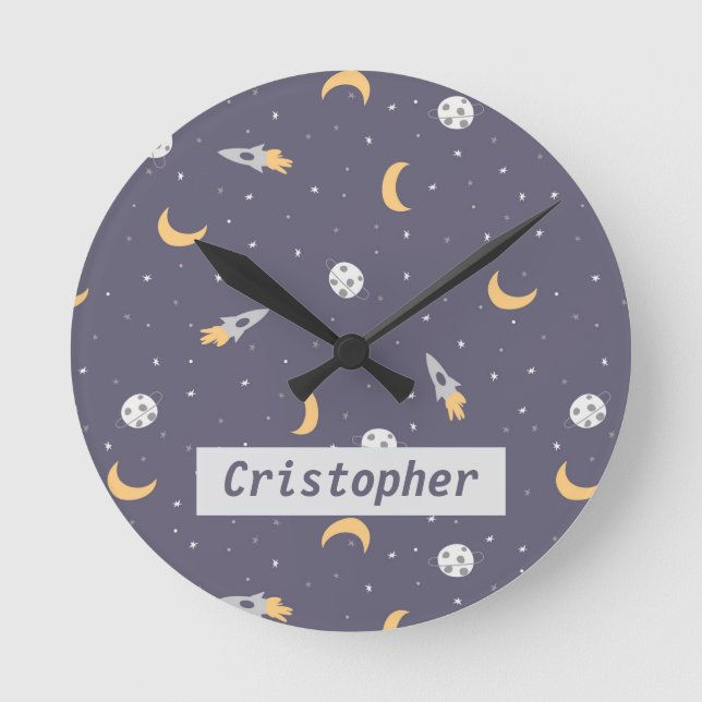 Relógio Redondo Espaço Lua Foguete Planeta Estrelas (Frente)
