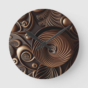 Relógio Redondo Espirais e Ondas Ornamentais Marrom Chocolate