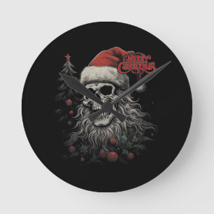Relógio Redondo Esqueleto Crânio Divertido Feliz Natal Papai Noel