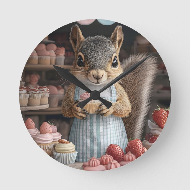 Relógio Redondo Esquilo Baking com Cupcake (Frente)
