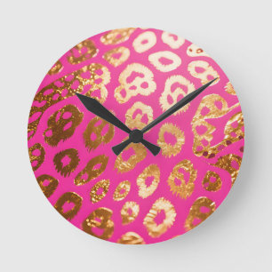 Relógio Redondo Estampa de Leopardo Dourado Rosa Quente Glam