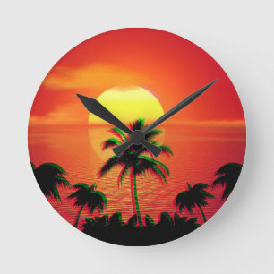 Relógio Redondo Estética Vaporwave Pôr do Sol Caribenho Retro 80s 