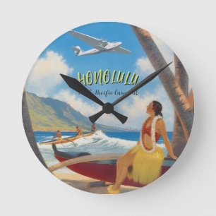 Relógio Redondo Estilo Vintage Viagem Havaiana Honolulu Garota Hul