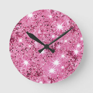 Relógio Redondo Estrelas Rosa Quente Lantejoulas Brilho
