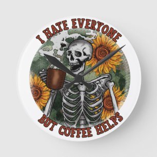 Relógio Redondo Eu Odeio Todo Mundo, Mas Café Ajuda.