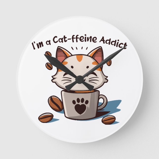 Relógio Redondo Eu sou um viciado em Cat-ffeine (Frente)