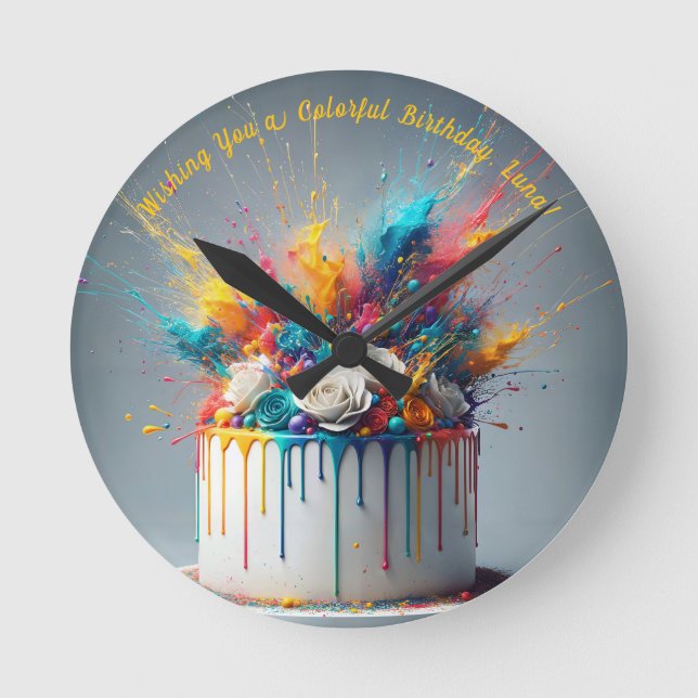 Relógio Redondo Explosão de alegria - Bolo de aniversário feliz (Frente)