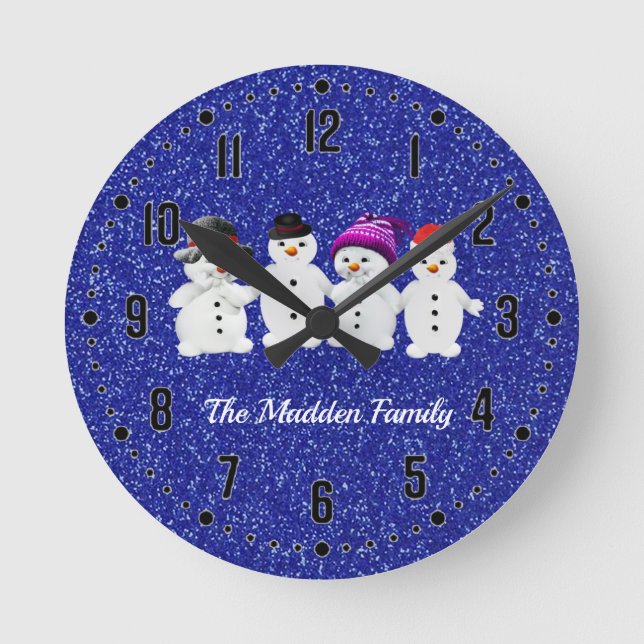 Relógio Redondo Family of Four Snowmen Blue Sparkle Winter Round P (Frente)