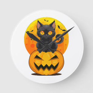 Relógio Redondo Fantasias de Halloween de Abóbora de Gato Preto 