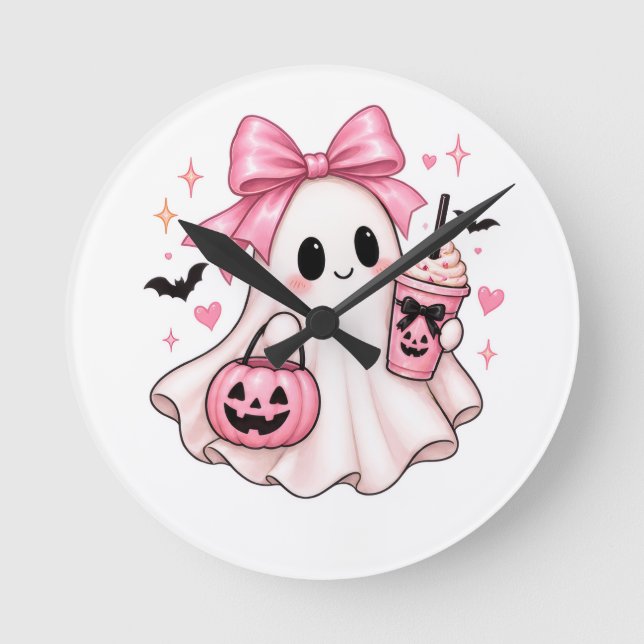 Relógio Redondo Fantasma Coquete com Laço Rosa de Halloween (Frente)