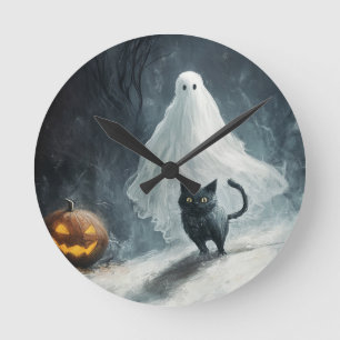 Relógio Redondo Fantasma das Halloween e Gato Negro