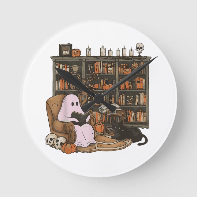 Relógio Redondo Fantasma lendo livro Amante de gatos Halloween  (Frente)