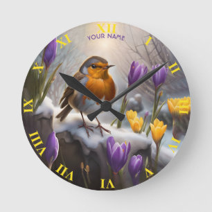 Relógio Redondo Fantasy Cute Robin Snow Flowers
