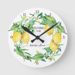 Relógio Redondo Farmhouse Kitchen Lemon Greenery Wreath Yellow