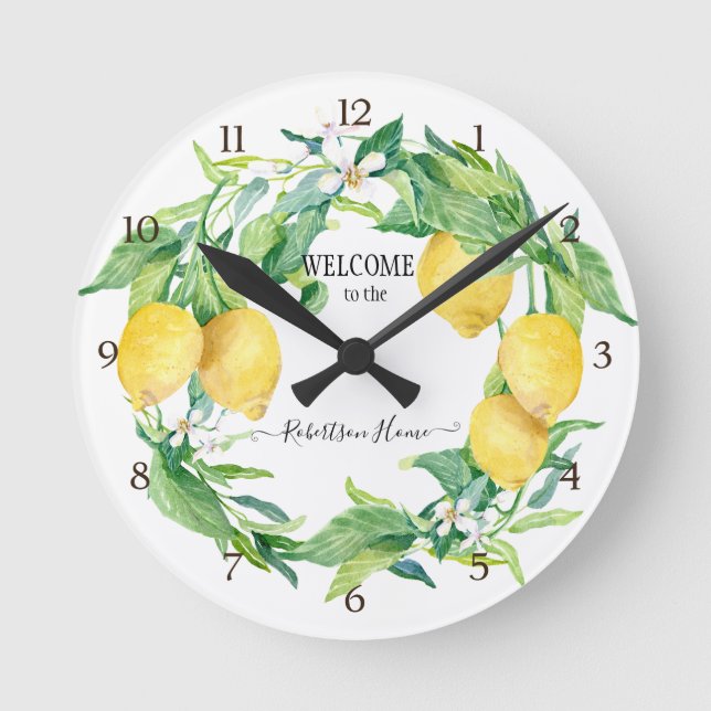 Relógio Redondo Farmhouse Kitchen Lemon Greenery Wreath Yellow (Frente)