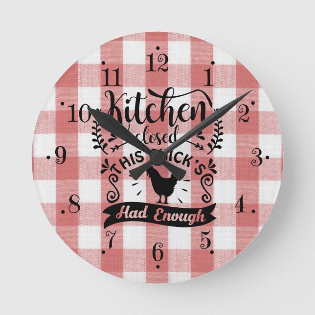 Relógio Redondo Farmhouse Red And White Gingham Kitchen Wall Clock (Frente)