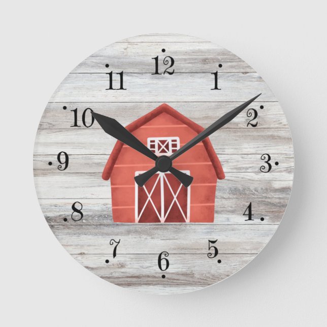 Relógio Redondo Farmhouse Red Barn Com Faux Wood Wall Clock (Frente)