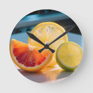 Relógio Redondo Fatias Cítricas Vibrantes Toranja Limão Lima Fresc
