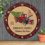 Relógio Redondo Fazenda de Árvore de Natal - Corrida de Xadrez Ver<br><div class="desc">Caminhão vermelho de safra com aspecto pintado e design de árvore de Natal| Parede agrícola russa com xadrez de búfalo vermelha e burlap faux| fazenda de árvore personalizada</div>