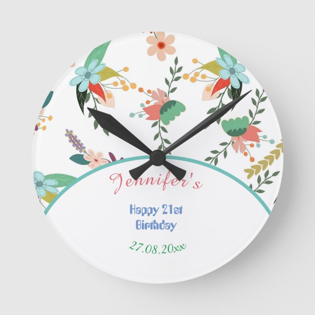 Relógio Redondo Feliz Aniversário da rua 21  da Flor Gelada (Frente)