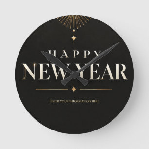 Relógio Redondo Feliz Ano Novo Geométrico Preto e Dourado Elegante