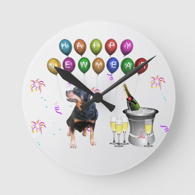Relógio Redondo Feliz ano novo Rottweiler (Frente)