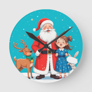 Relógio Redondo Feliz Papai Noel com donzela de neve
