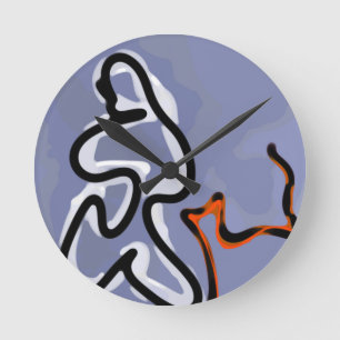 Relógio Redondo Figura com Felino: Azul Abstrato, Laranja, Preto e