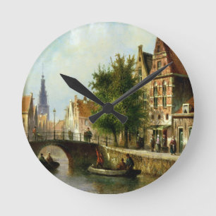 Relógio Redondo Figuras em um canal, Amsterdão (óleo no painel)