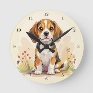 Relógio Redondo Filhote de Beagle Tricolor Preto, Marrom e Branco