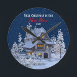 Relógio Redondo First Christmas in our New Home Winter Wonderland<br><div class="desc">First christmas in our new home winter wonderland clock. The text and photo can be changed using right the "Details" menu. To fit everything to your needs please click the "Customize" button and you can text style and colour change. Other colors are available. Please contact me if you need help,...</div>