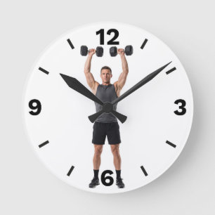 Relógio Redondo Fitness Man Dumbbell Overhead Press Workout