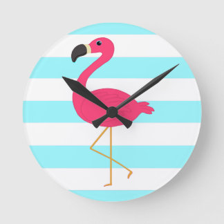 Relógio Redondo Flamingo cor-de-rosa em listras claras da cerceta
