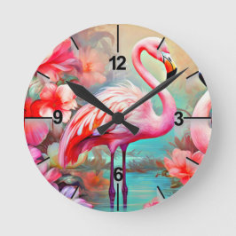 Relógio Redondo Flamingo Tropical com Flores