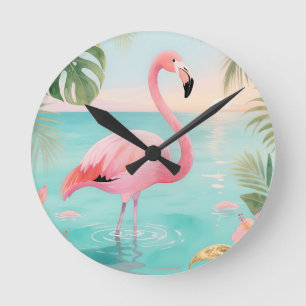 Relógio Redondo Flamingo Tropical Pôr do Sol Aquarela
