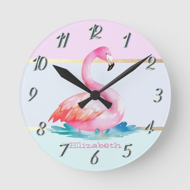 Relógio Redondo Flamingos Rosa Listras Pastel Modernas (Frente)