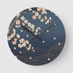 Relógio Redondo Flor de Cerejeira Japonesa Padrão de Onda Dourada