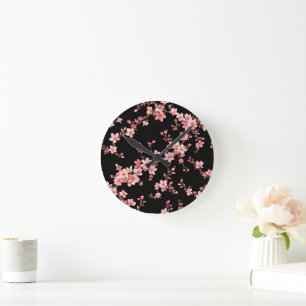 Relógio Redondo Flor de Cerejeira Japonesa Rosa Bege Preto