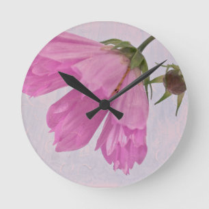 Relógio Redondo Flor de Cosmo com Textura Rosa