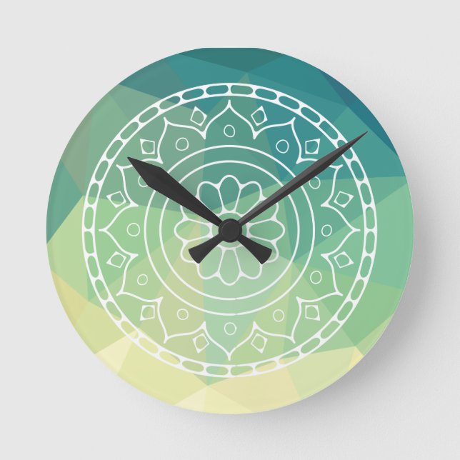 Relógio Redondo Flor de Harmonia de Inspiração Mandala Amarelo Ver (Frente)