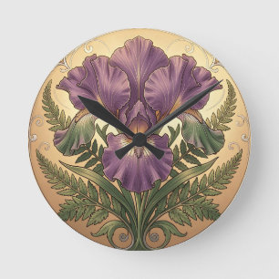 Relógio Redondo Flor de Íris Roxa Arte Nova Moldura Ornamentada
