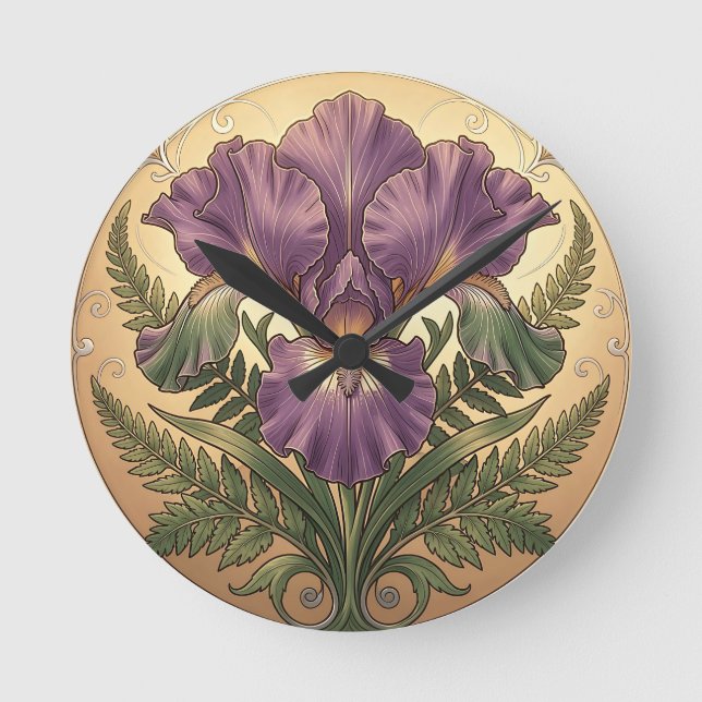 Relógio Redondo Flor de Íris Roxa Arte Nova Moldura Ornamentada (Frente)