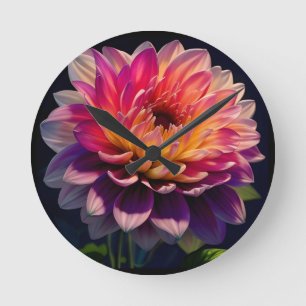 Relógio Redondo Flor de Laranja Quente e Dália Rosa