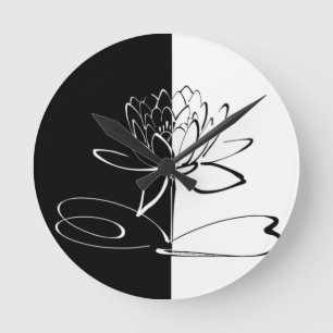 Relógio Redondo Flor de Lótus Preta e Branca Yin Yang