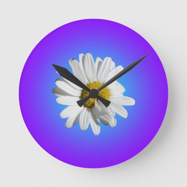 Relógio Redondo Flor de Margarida Branca Gradiente Azul Roxo (Frente)